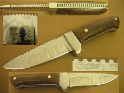 PAUL NEAL ETCHED MOUNTAIN SCENE HUNTING KNIFE      SOLD