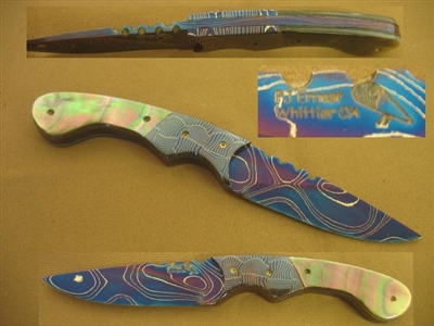 P J ERNEST CUSTOM DAMASCUS & PEARL ART KNIFE   PRICE REDUCED.      SOLD