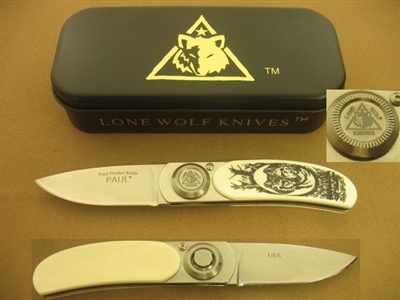 LONE WOLF PAUL IVORY SCRIMSHAW POCKET KNIFE      SOLD