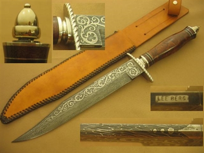 LEE BERG CABLE DAMASCUS BOWIE KNIFE    SOLD